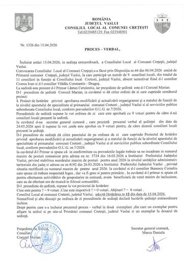 Proces verbal sedinta extraordinara Consiliul local luna aprilie