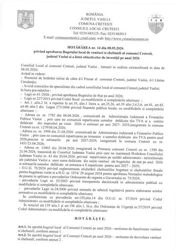 HCL nr  14 privind aparobarea Bugetului local al comunei Cretesti pe anul 2026