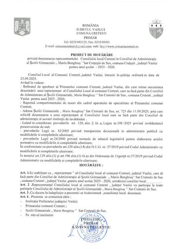 PHCL desemnare reprezentant CL in CA Scoala