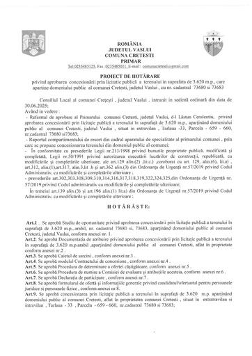 Proiect de hotarare  concesiune teren 3620 mp prin licitatie publica