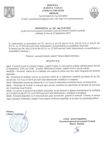 Dispozitie 186  convocare CL in sedinta  ordinara luna septembrie 2025