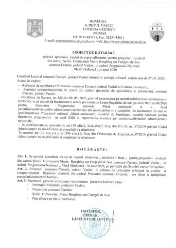 Proiect de hotarare aprobare suport alimentar pentru elevi scoala Cretesti