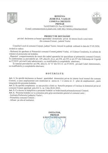 Proiect de hotarare declarare a unui teren care apartine domeniului privat al comunei