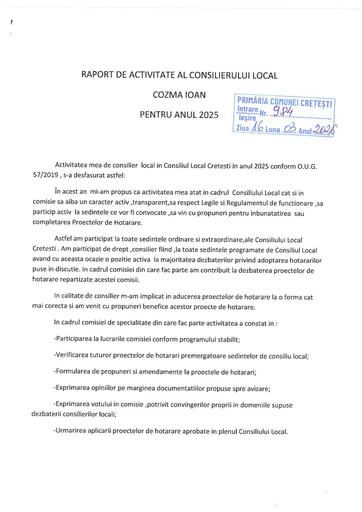 Raport activitate consillier local pe anul 2025 COZMA IOAN