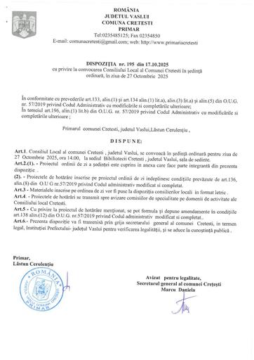 Dispozitia nr  195 2025  convocare  Consiliu local in sedinta ordinara  luna octombrie 2025