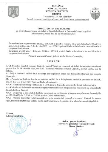 Dispozitia nr  1 2026 de convocare Consiliul local in sedinta de indata