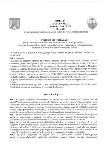 PHCL aprobare colaborare interinstitutionala in cadrul proiectului   Furnizare servicii integrate in comunitati rurale