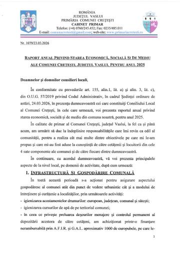 RAPORT  AL primarului PRIVIND STAREA ECONMICA SOCIALA SI DE MEDIU PE ANUL 2025