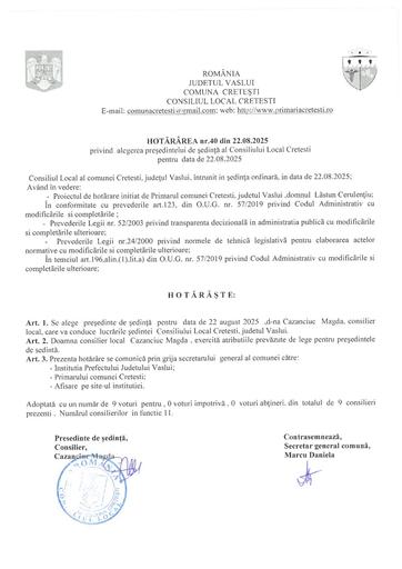 HCL nr  40 din 22 08 2025  alegere presedinte de sedinta lluna august 2025