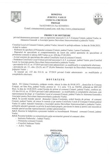 Proiect de hotarare desemnare reprezentant UAT Cretesti in ADI Vaslui