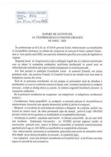 Raport de activitate viceprimar Burnuz Razvan iulian