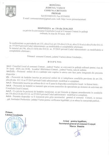 Dispozitia 136 din 20 06 2025  convocare CL in sedinta ordinara luna iunie