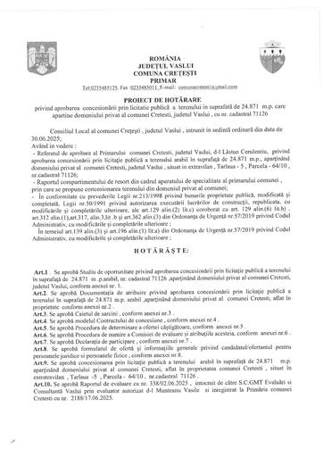 Proiect de hotarare concesiune teren 24871 mp prin licitatie publica