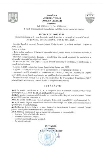Proiect de hotarare Recitificarea I a Buget local