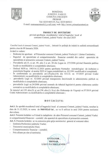 Proiect de hotarare de aprobare a execedentului total al bugetului local din anul 2025