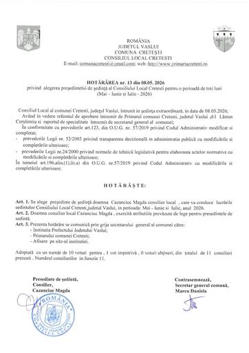 HCL nr  13 alegerea presedintelui de sedinta CL pe trei luni