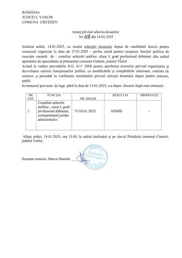 Anunt privind selectie dosare concurs achizitii publice