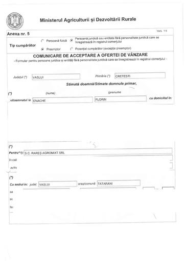 Comunicare de acceptare  a ofertei  de vanzare