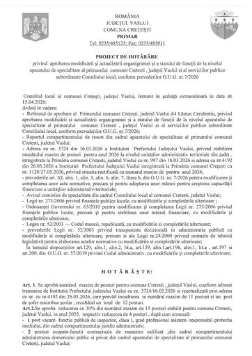 Proiect de hotarare aprobare organigrama si stat de functii