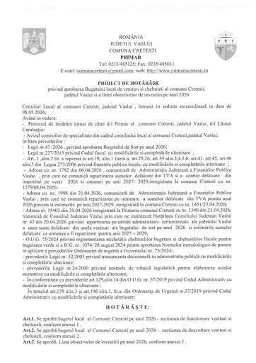Proiect de hotarare Buget local pentru anul 2026
