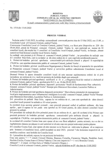 Proces verbal nr 1518 aferent sedintei Consiliului local Cretesti din 13 05 2022