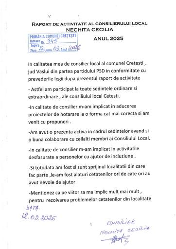 Raport activitate consilier local NECHITA CECILIA anul 2025