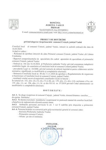 Proiect de hotarare privind alegerea viceprimarului