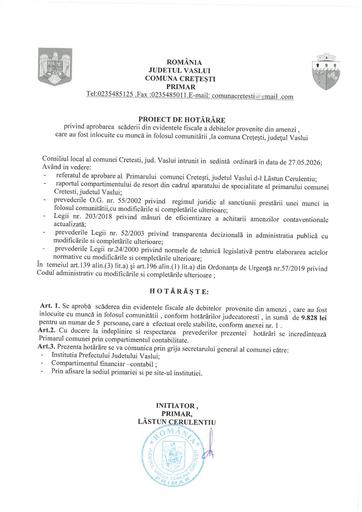 Proiect de hotarare scadere debite amenzi