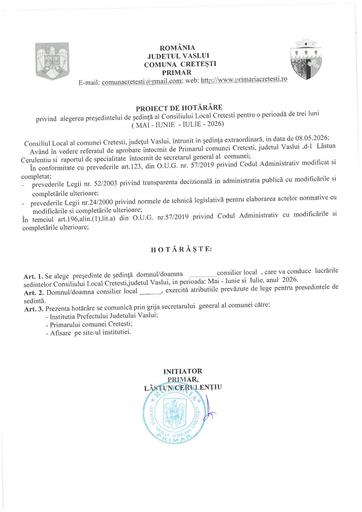 Proiect de hotarare alegera presedintelui de sedinta pe  teri luni  mai  iulie  2026