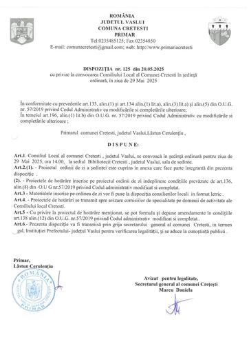 Dispozitia nr  125 din 20 05 2025 convocare Consiliu Local in sedinta  ordinara luna Mai